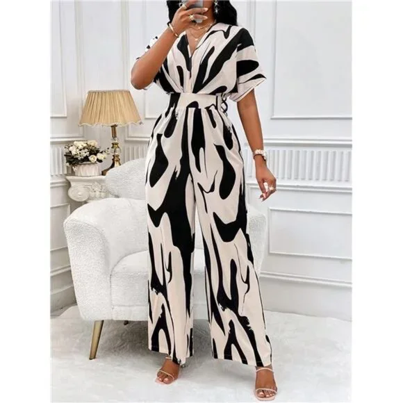 Allover Print Batwing Sleeve Belted Jumpsuit